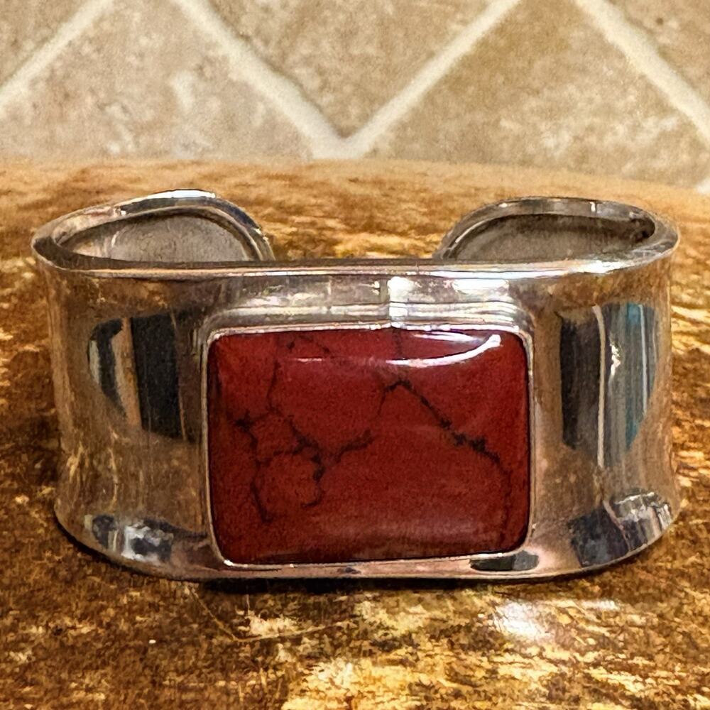 Sterling Silver Cuff Bracelet with Rectangle Red Dyed Stone Made in Mexico Vint.